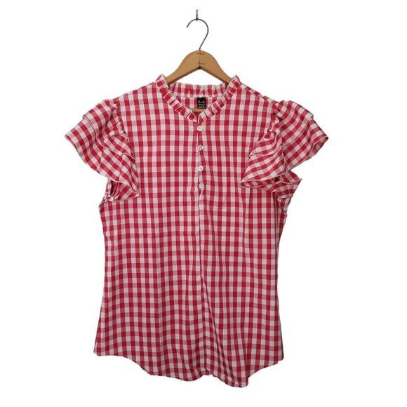 SHEIN Red Gingham Flutter Sleeve Frilled Neck Half Button Blouse NWOT XL 5 0286 - Picture 2 of 8